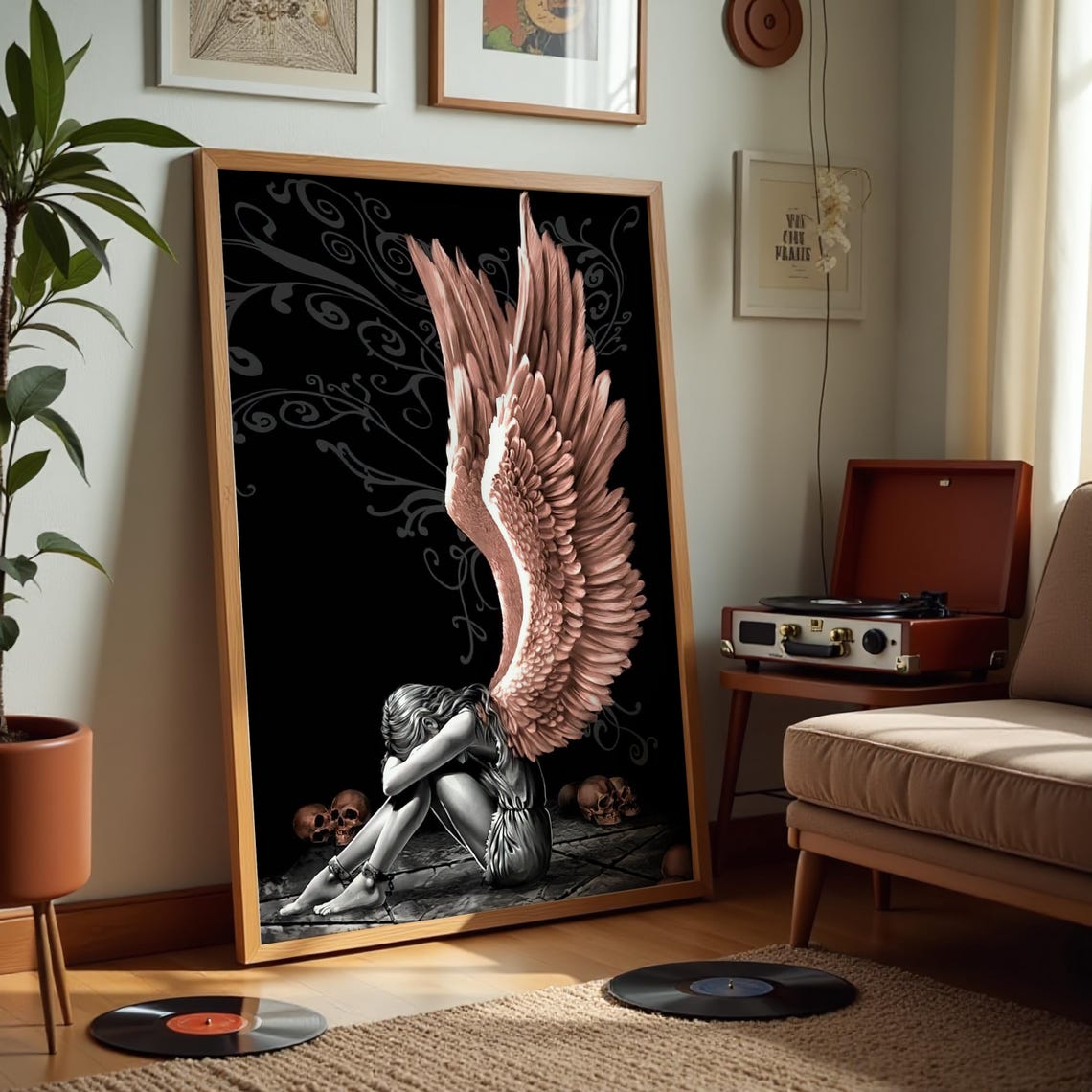 Dark Fallen Angel Wings Kneeling Skulls Gothic Fantasy Art Poster