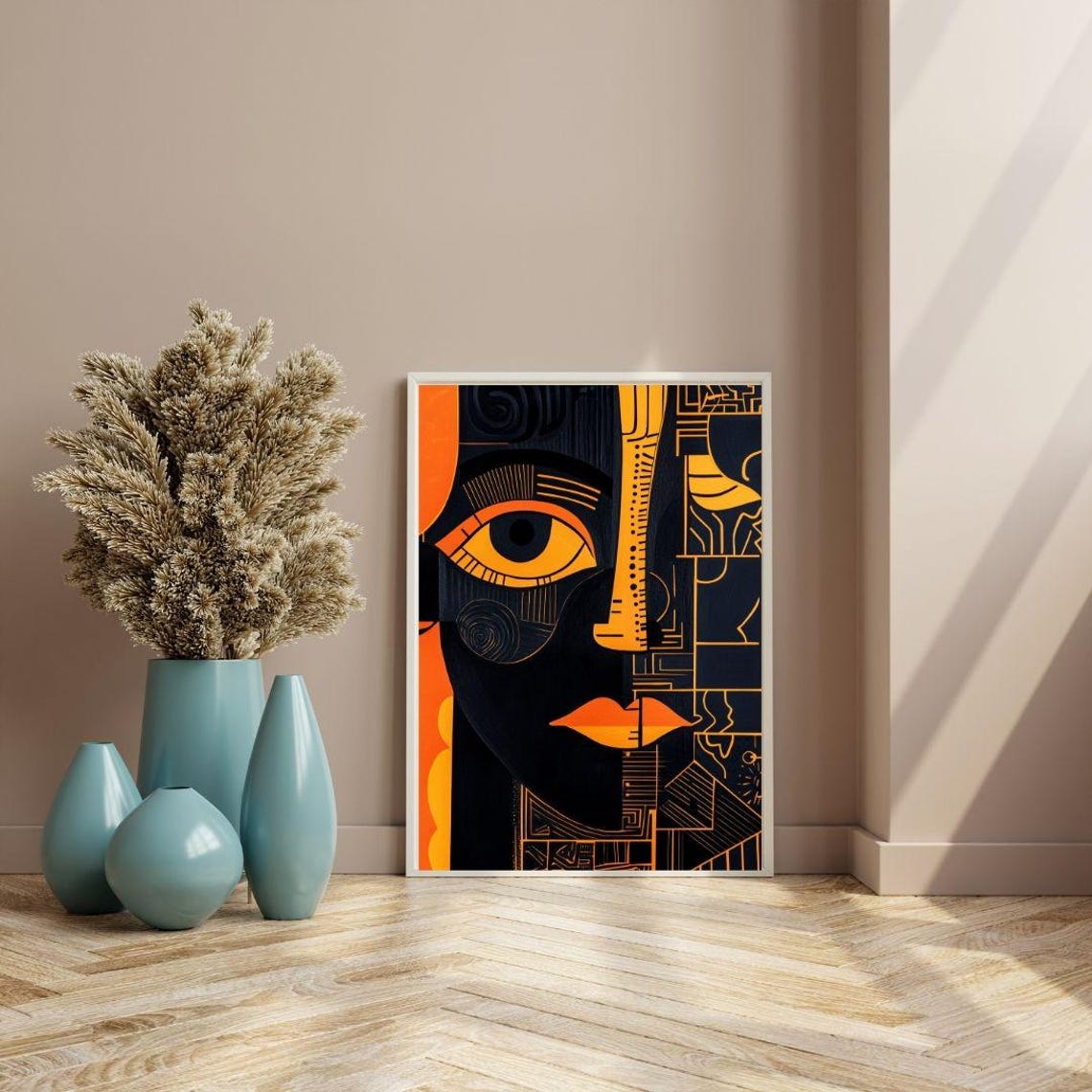 Geometric Abstract Portrait Bold Modern Face Art Orange And Black Wall Decor Contemporary Cubist Artwork - Image 3