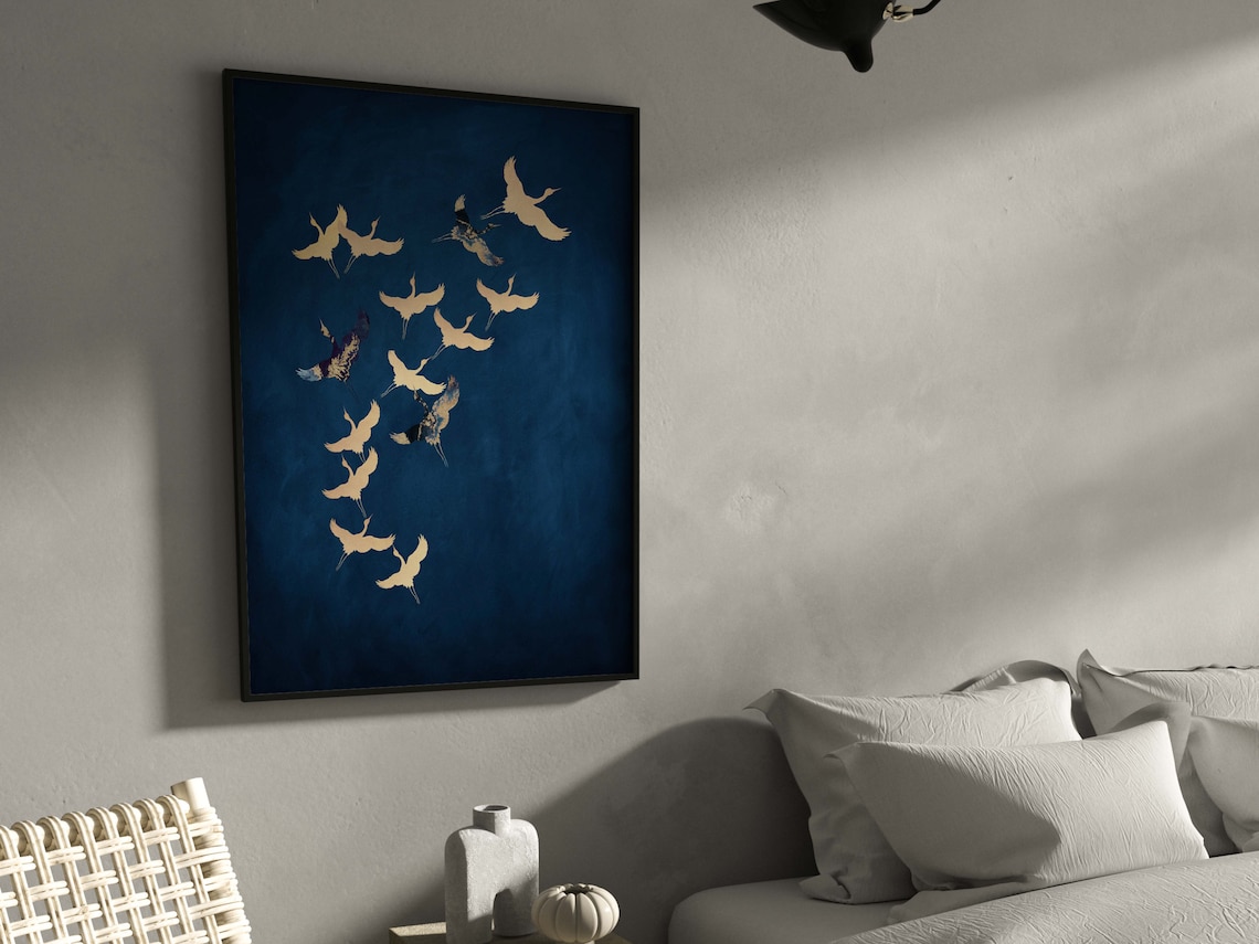 Flying Cranes Japanese Print, Sapphire Blue Maximalist - Image 4