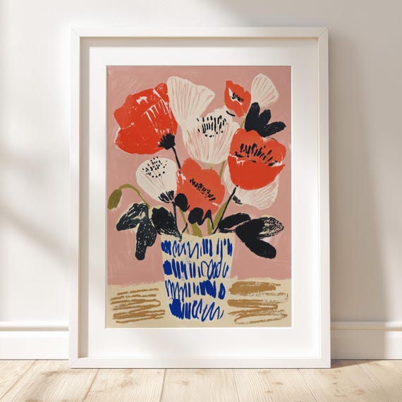 Poppies Line Art Minimal Botanical Gouache Illustration