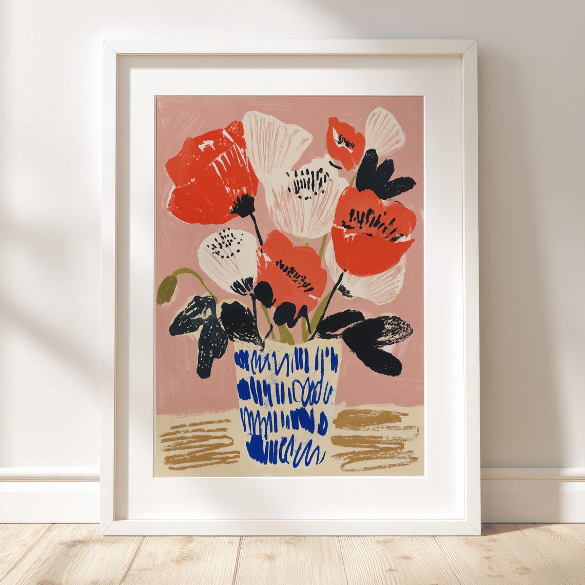Poppies Line Art Minimal Botanical Gouache Illustration