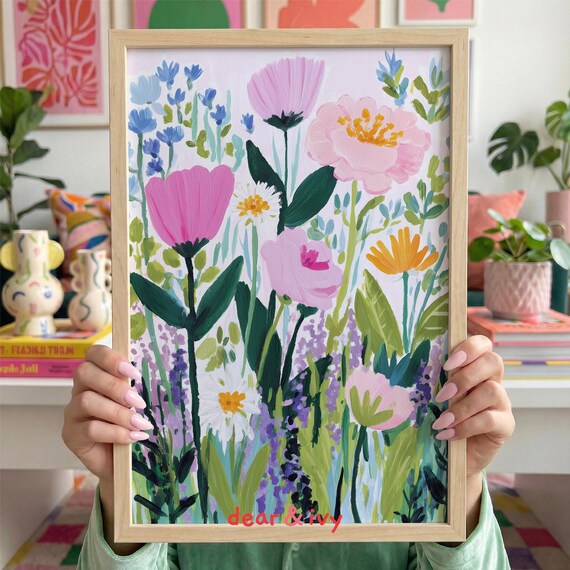 Wildflower Art Print Colorful Floral Painting Digital Download Pink Peony Lavender Poster Impasto Flower Cottagecore Decor