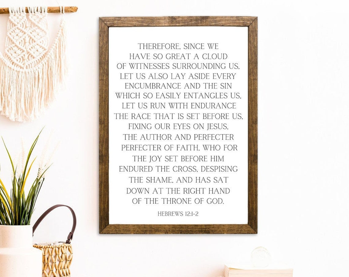 Hebrews 121 2 Let Us Run With Perseverance The Race Wooden Sign Decor Frame Scripture Wall Art Christian Wall Decor Christian Gifts