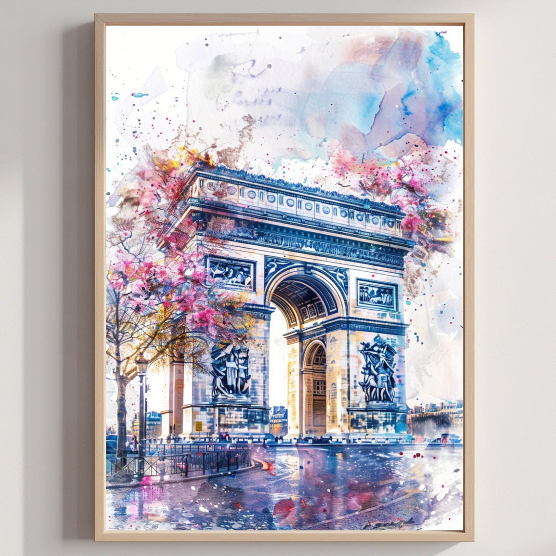 Arc de Triomphe Paris Cherry Blossom Spring Watercolor Poster