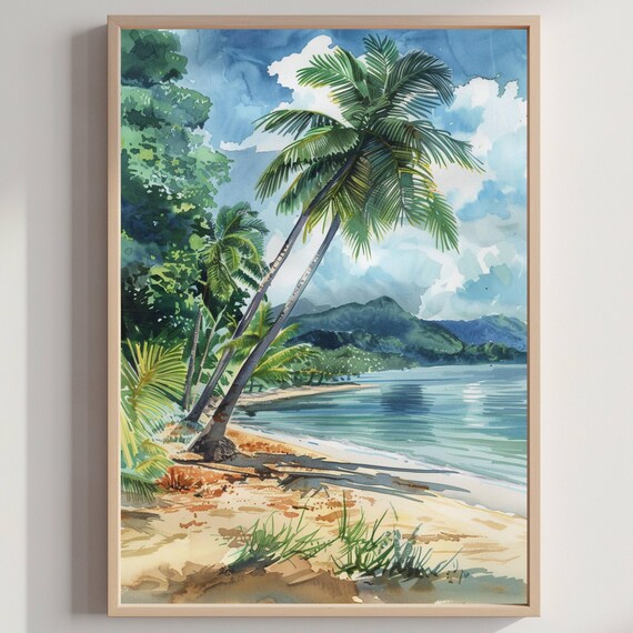 Tropical Beach Palm Trees Ocean Watercolor Paradise Art Print