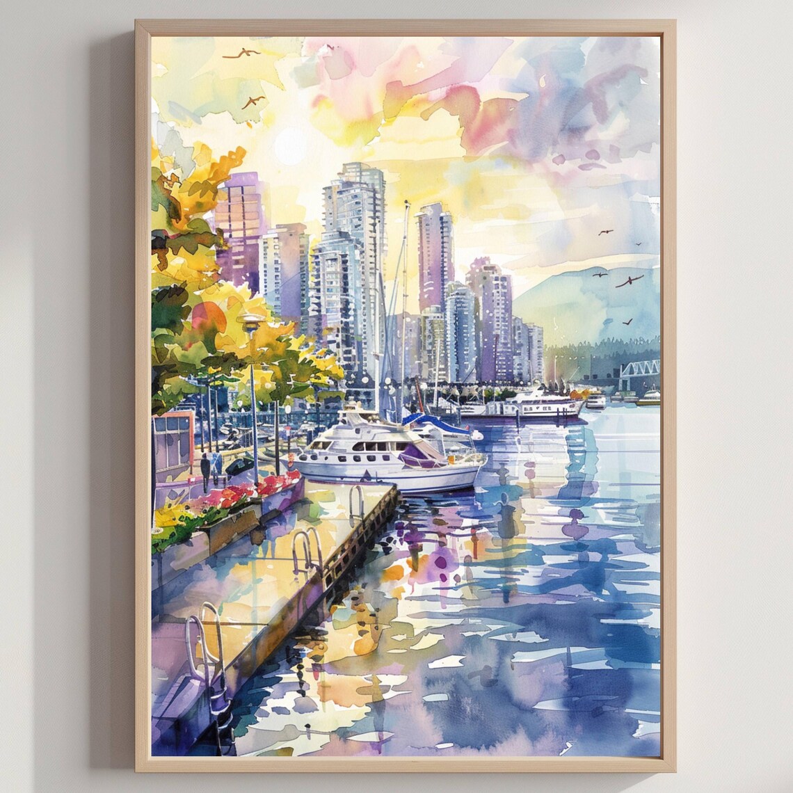City Harbor Marina Watercolor Sailboats Autumn Trees Sunset Poster
