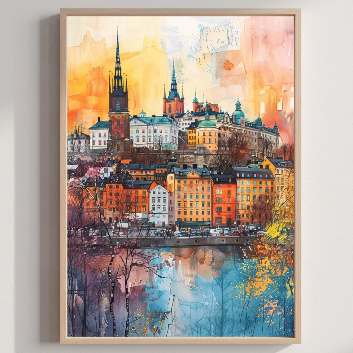 European Old Town Waterfront Golden Sunset Watercolor City Poster