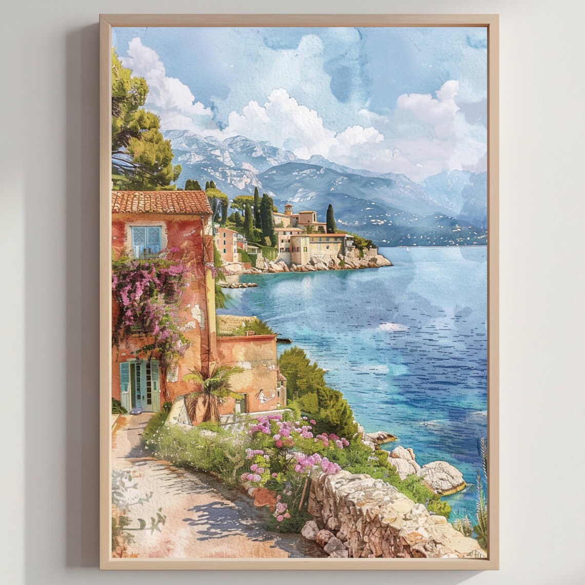 Mediterranean Coastal Village Bougainvillea Blue Bay Watercolor Poster