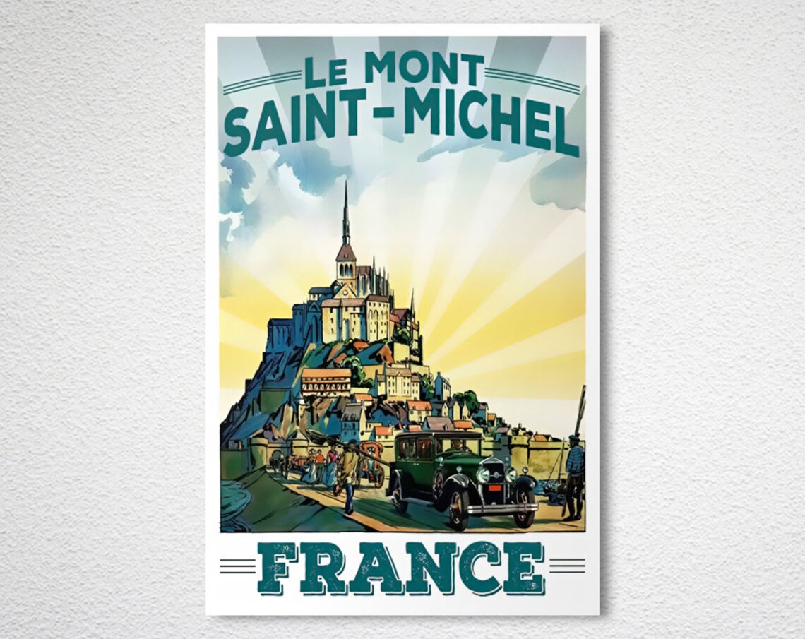 Le Mont Saint Michel France Vintage Travel Poster Abbey Sunburst Car - Image 2