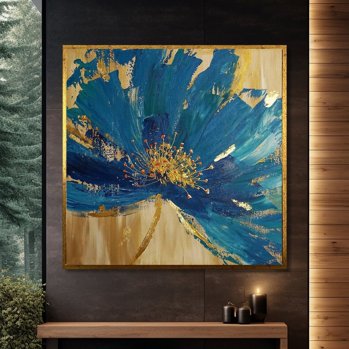 Blue Flower With Gold Details, Modern Floral Art Print