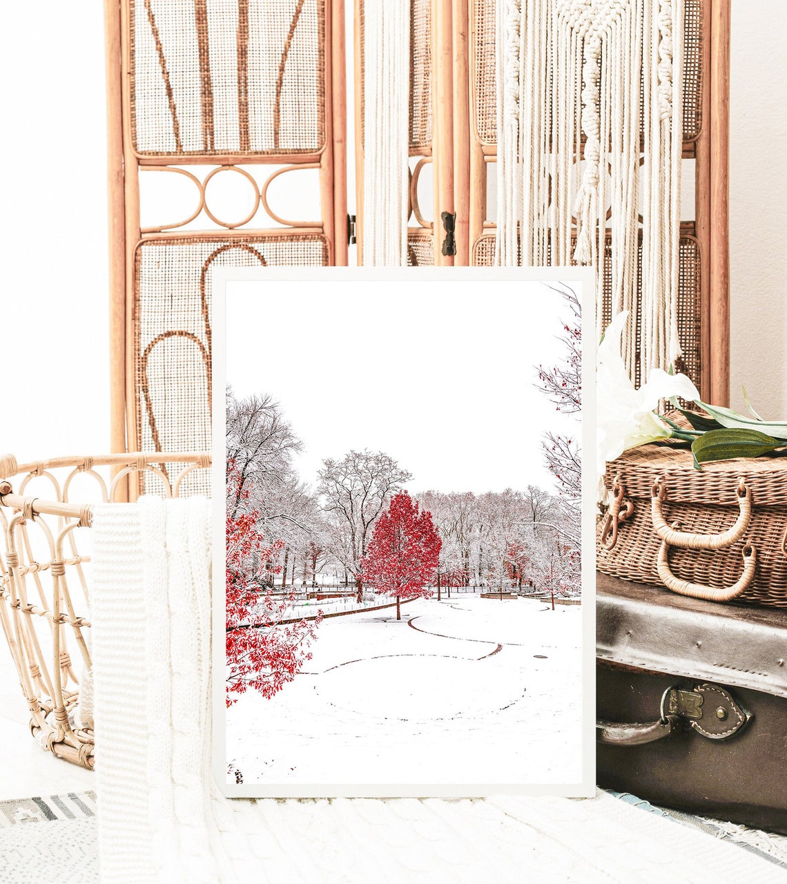 Snowy Park Red Leaf Trees Winter Wonderland Landscape Photo Poster - Image 2