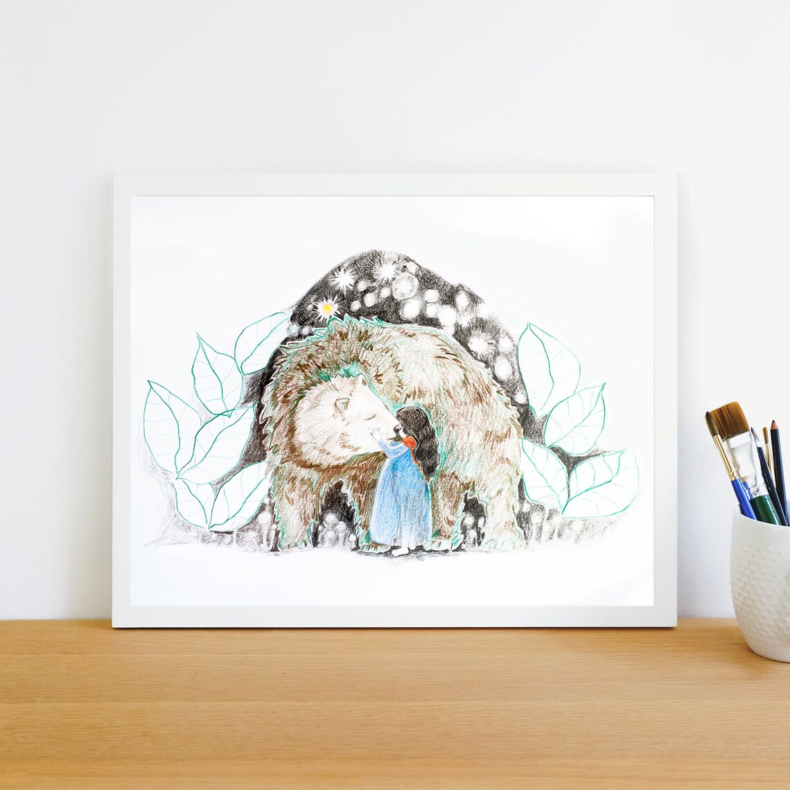 Little Girl Hugging Bear Whimsical Kids Room Illustration Poster - Image 4