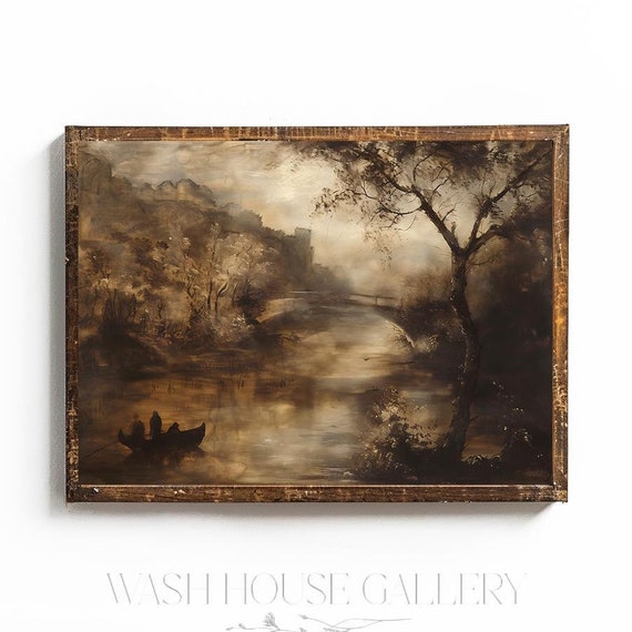 Brown Tone Wall Art Moody Bridge Oil Painting Cottagecore Wall Art Dark Cottagecore Art Abstract Bridge Art Brown Wall Art Print