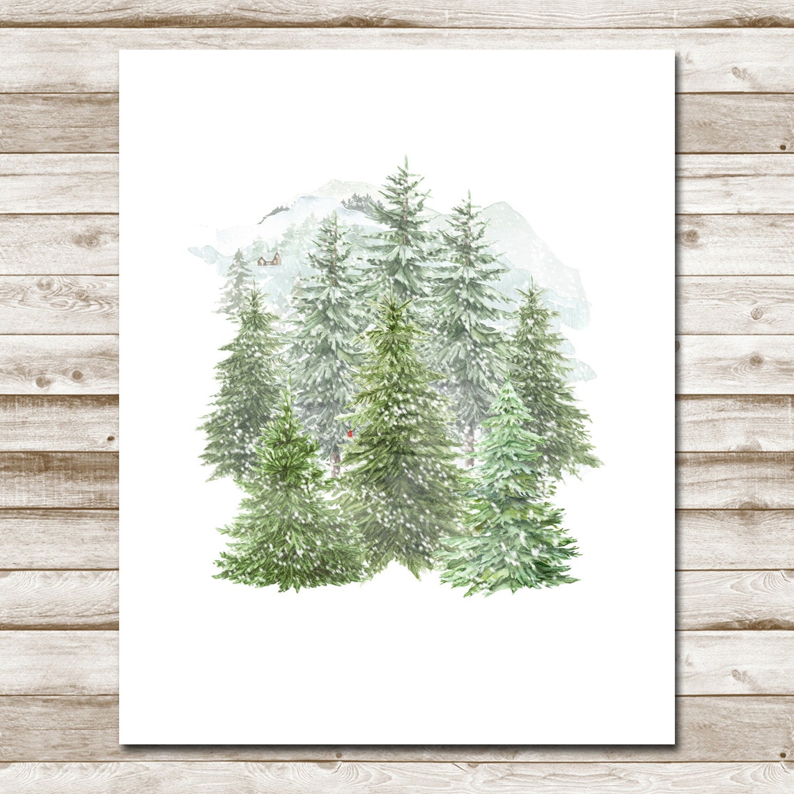 Snowy Evergreen Trees Watercolor Minimalist Winter Forest Scene Poster - Image 4