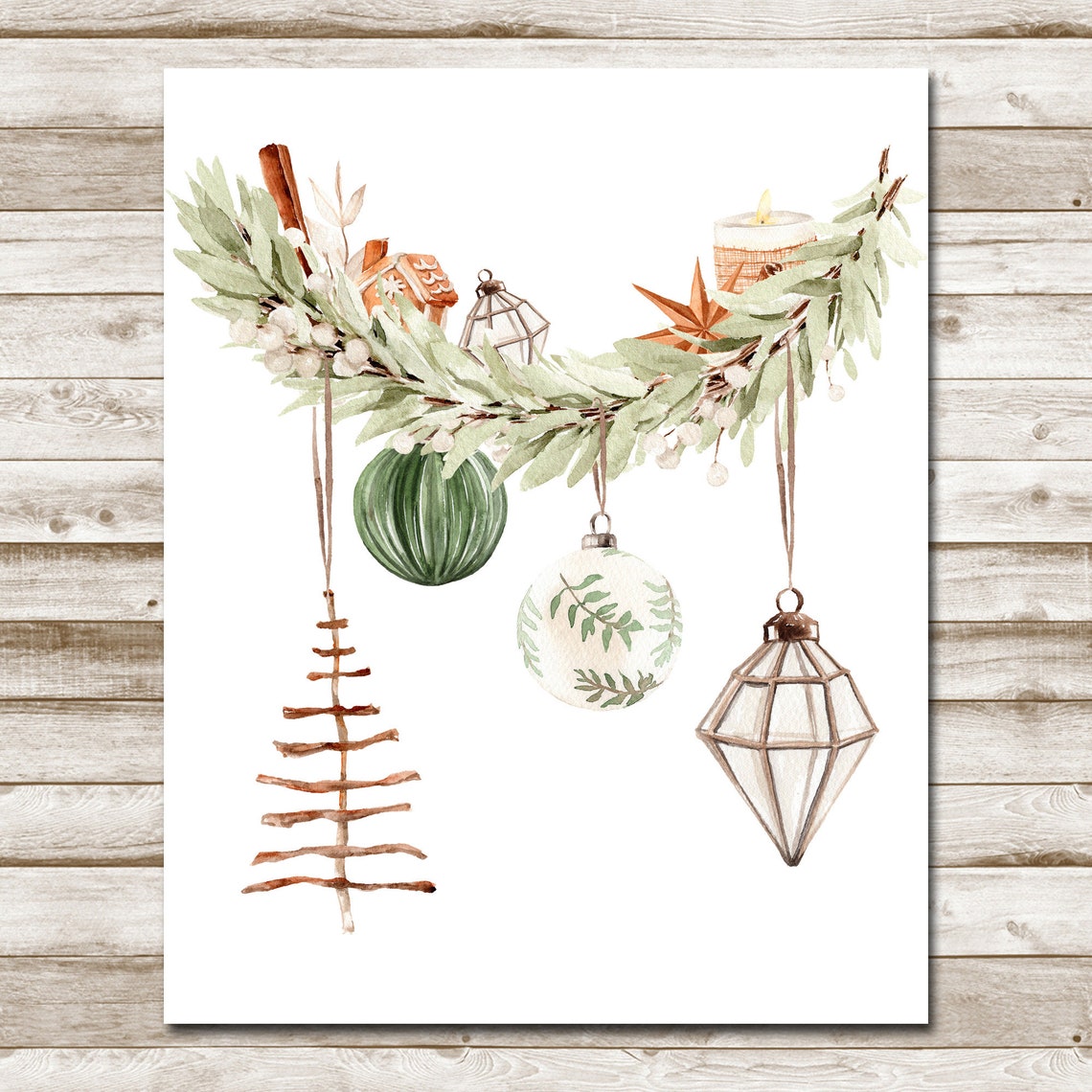Watercolor Rustic Christmas Ornaments Greenery Branch Square Wall Art - Image 4