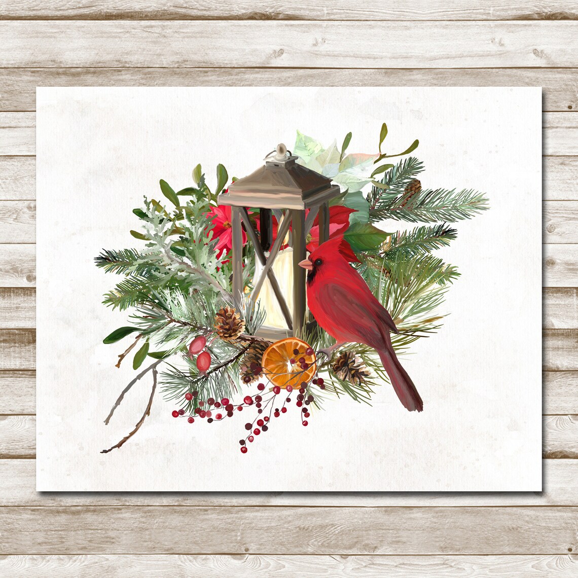 Red Cardinal Lantern Watercolor Christmas Evergreen Berries Poster - Image 4