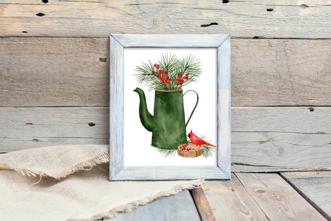 Green Coffee Pot Pine Berries Red Cardinal Winter Woodland Wall Art - Image 2
