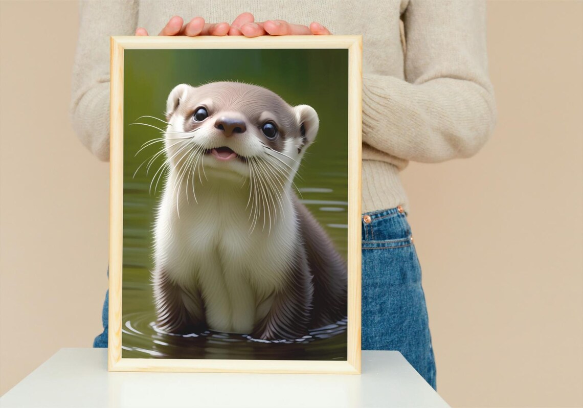 Baby Otter Smiling In Water Green Pond Cute Wildlife Nursery Wall Poster - Image 5