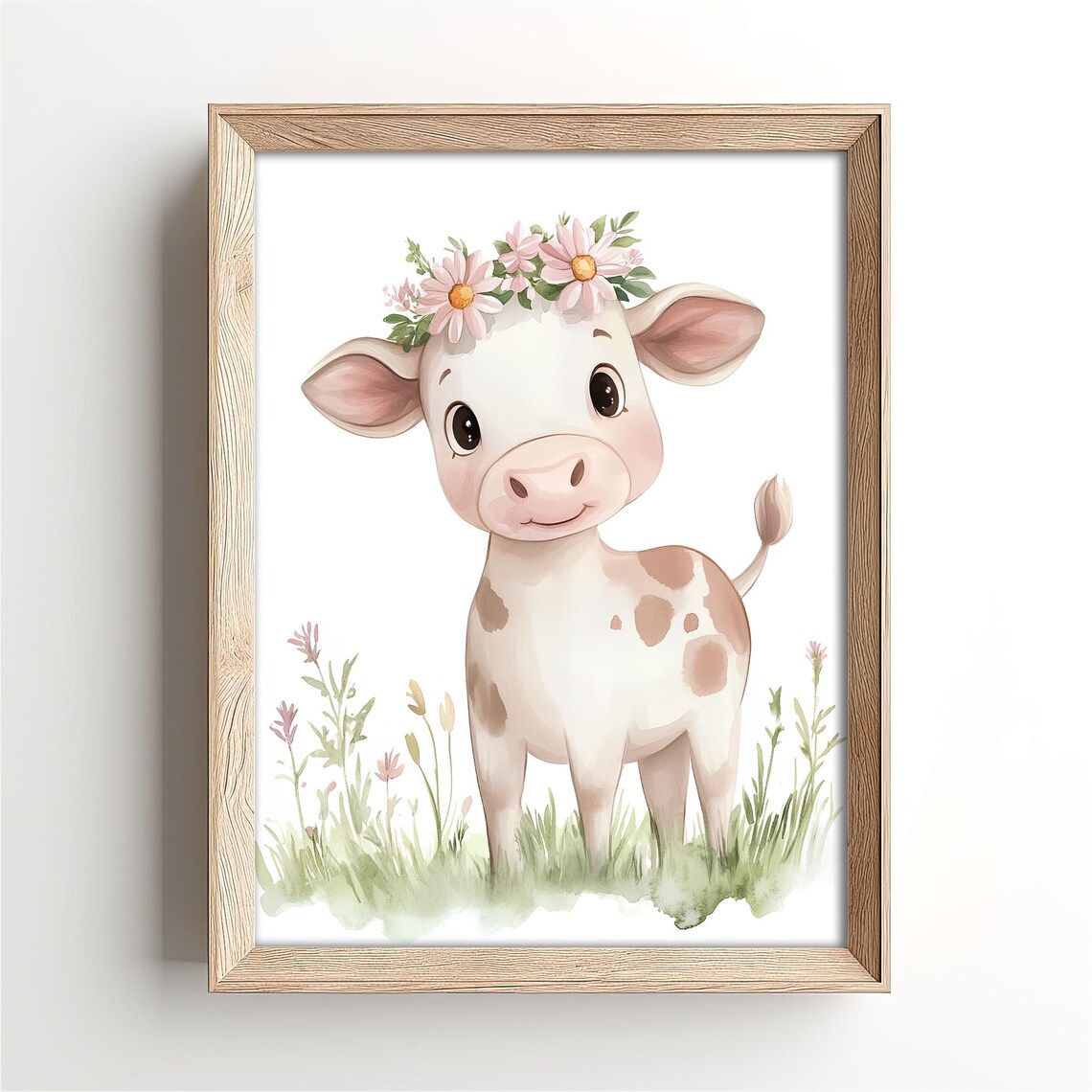 Baby Cow Wearing Daisy Flower Crown in Meadow Nursery Poster