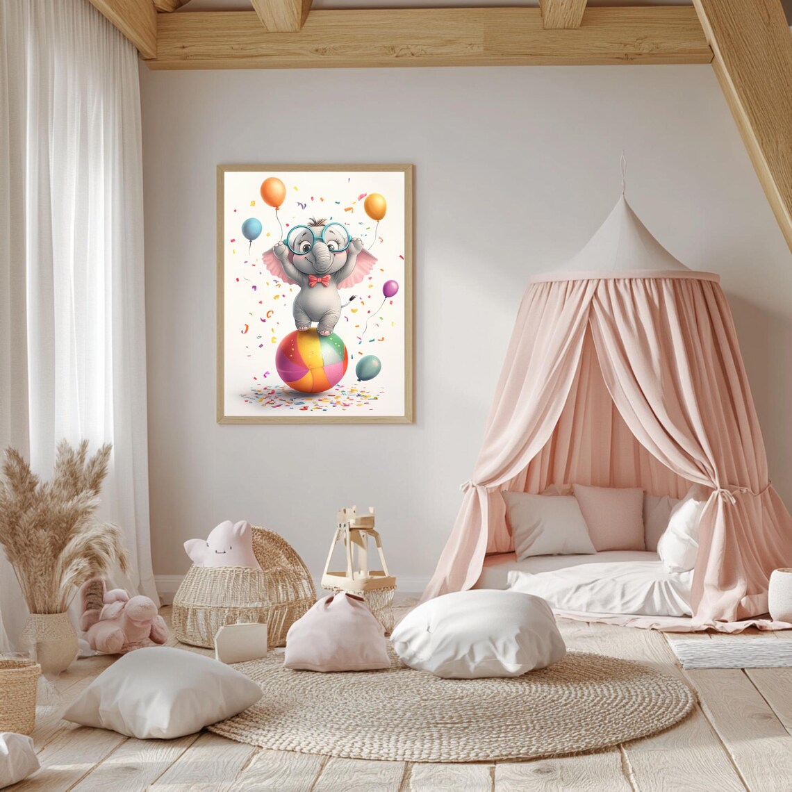 Cute Baby Elephant Glasses Bow Tie Rainbow Circus Ball Party Poster - Image 5