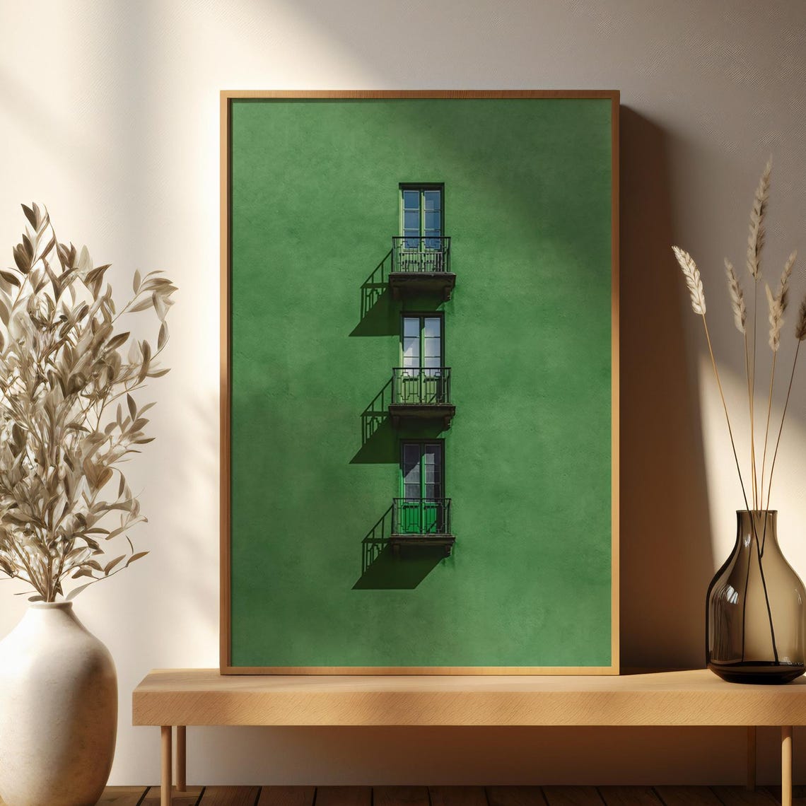 Emerald Green Facade With Balconies Minimal Architecture Print