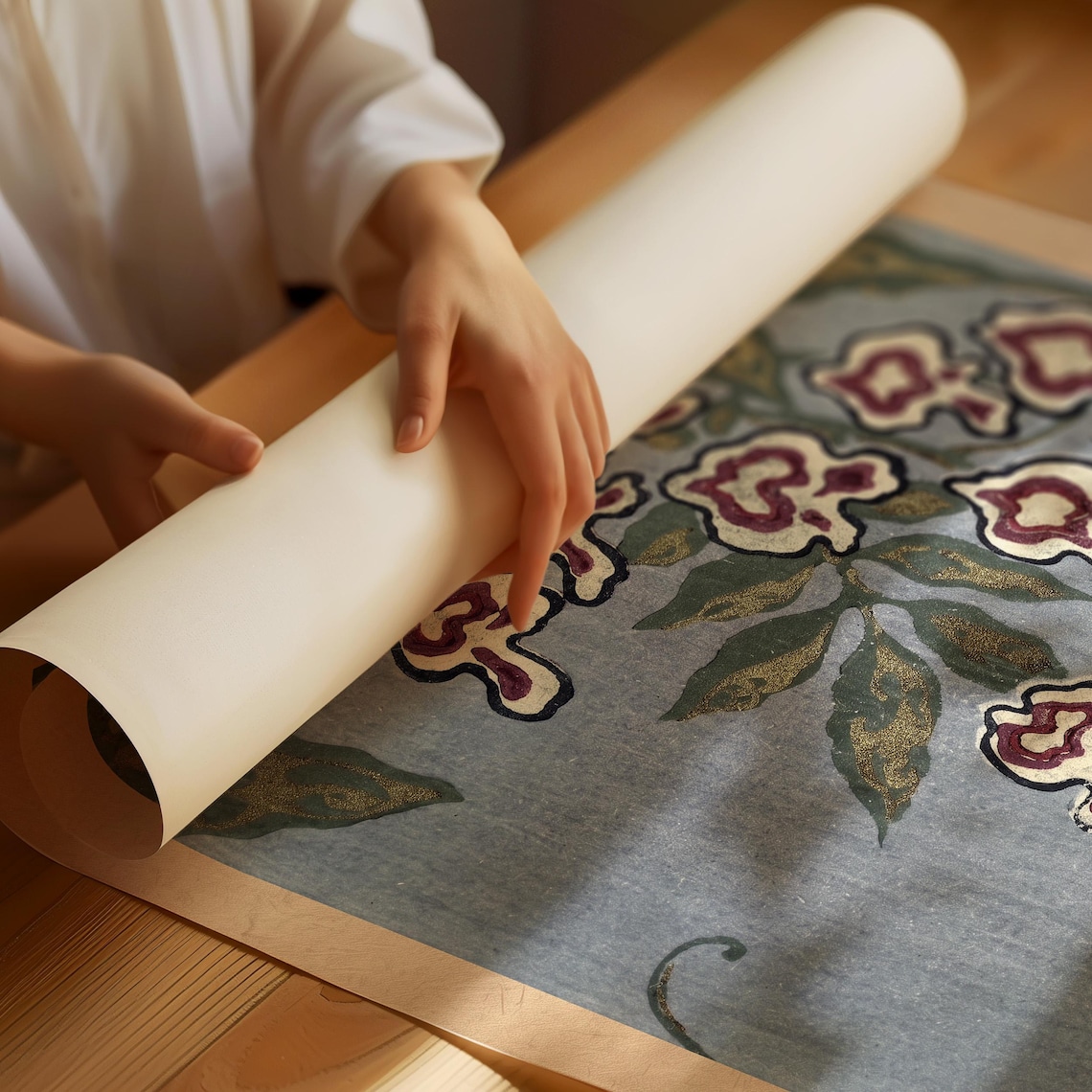 Vintage Japanese Floral Print Antique Wisteria Botanical Wall Art Dusty Blue Burgundy Nature Poster Meiji Era Flower Decor Japandi - Image 2