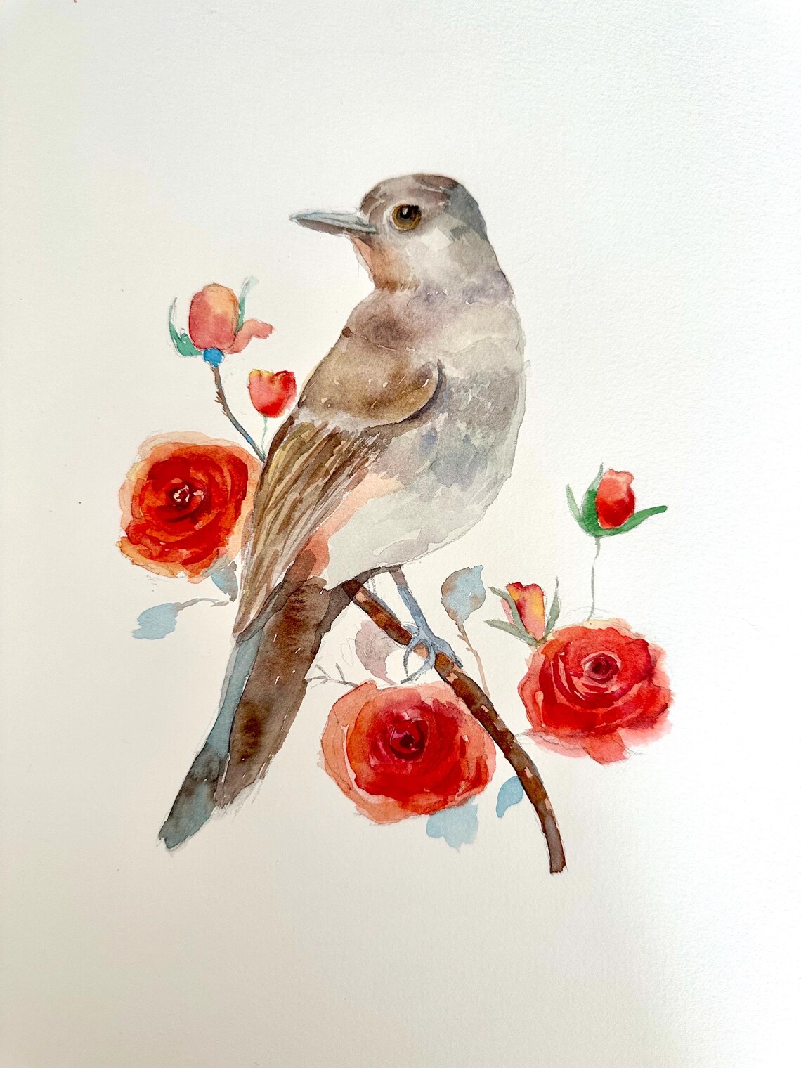 Songbird Perched Among Red Roses Watercolor Bird and Flower Poster - Image 6