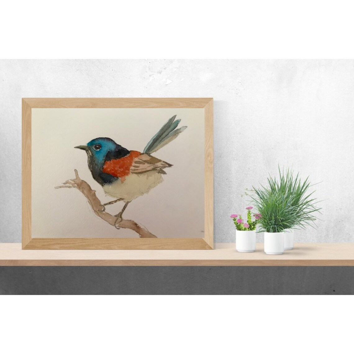 Blue Headed Songbird With Scarlet Chest Watercolor Bird Poster