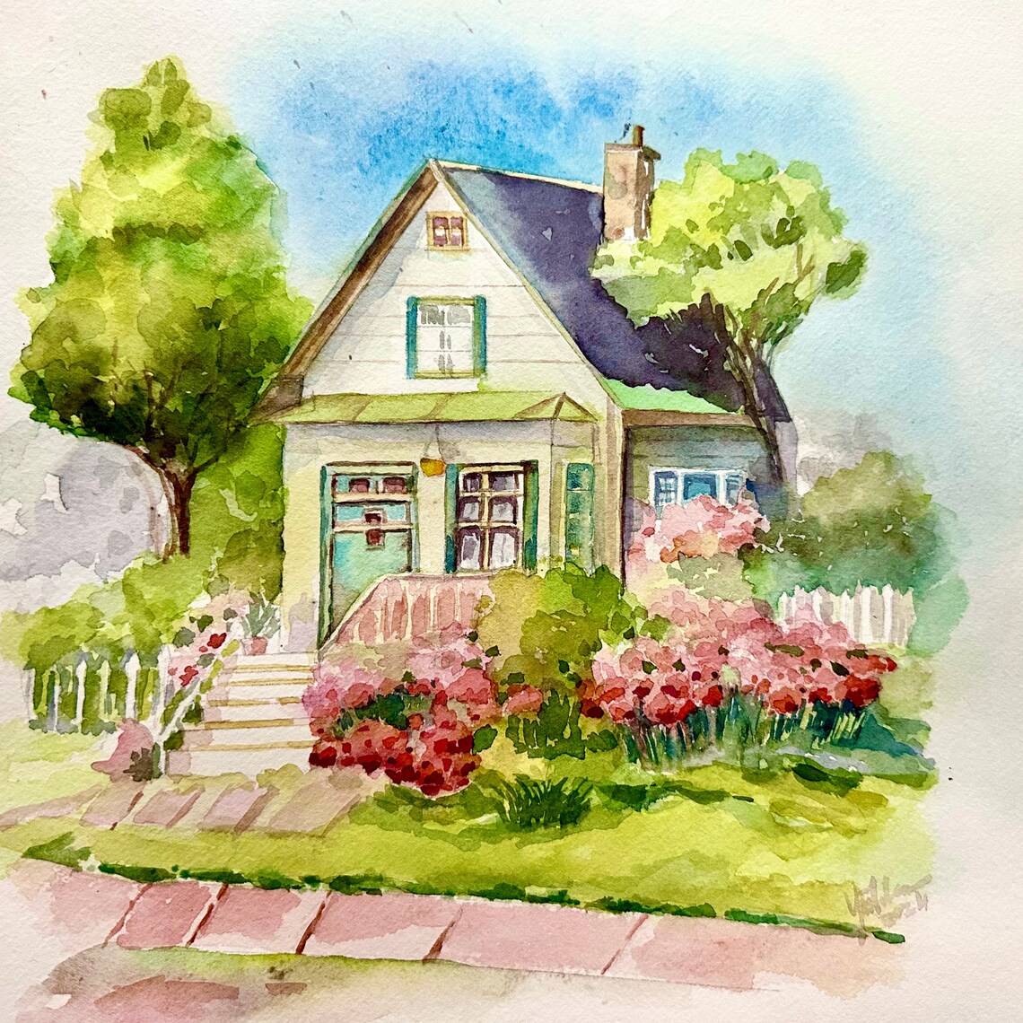 House Watercolor Painting Original Art House With Garden Painting House Portrait 12x16 In