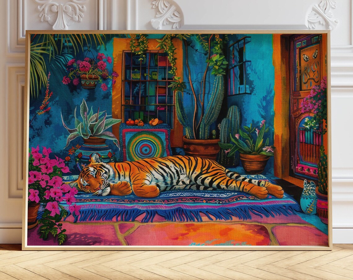 Tiger Mexican Art Print, Maximalist Floral Decor