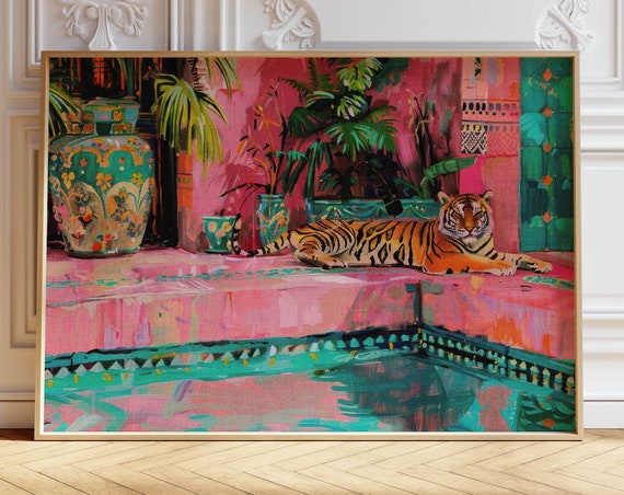 Tiger Beach Print Maximalist Wall Art Beach House Decor Trendy Print Colorful Wall Art Preppy Room Decor Tropical Wall Art Dopamine Decor