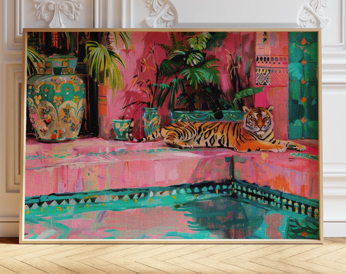 Resting Tiger Beside a Pink Moroccan-Style Pool Painting Poster