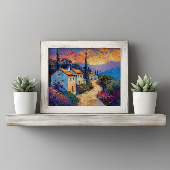 Rustic Village Lane At Golden Sunset European Countryside Wall Art Earthy Cottage Scene Summer Decor
