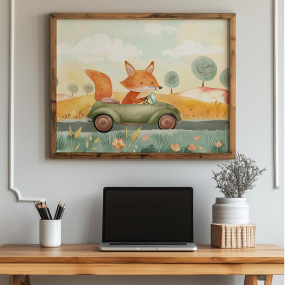 Fox Driving Vintage Car Print Whimsical Nursery Wall Art