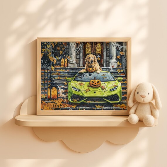 Dog In Haunted Mansion Driveway Halloween Wall Art Spooky Pumpkin Scene Moody Fall Home Decor Gothic Painting