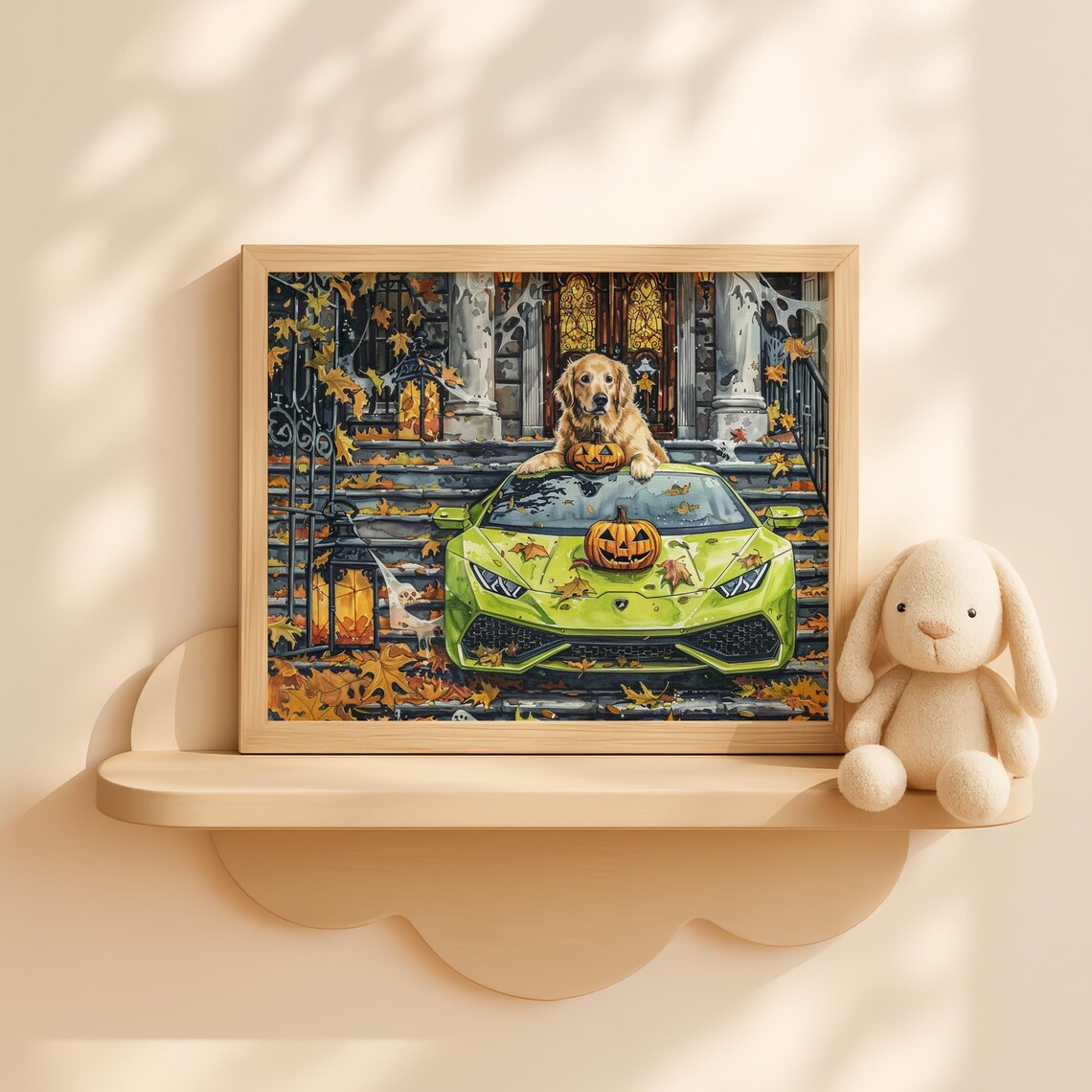 Golden Retriever Green Lamborghini Haunted Mansion Halloween Wall Art