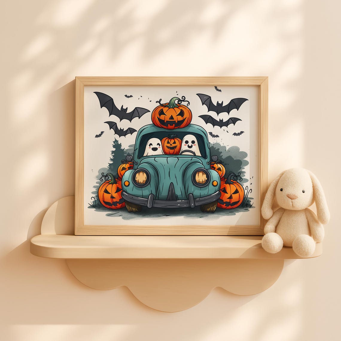 Halloween Car With Pumpkins And Ghosts Wall Art For Kids Spooky Bat Decor Cute Vehicle