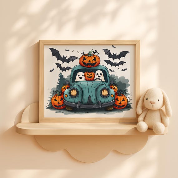 Halloween Car With Pumpkins And Ghosts Wall Art For Kids Spooky Bat Decor Cute Vehicle