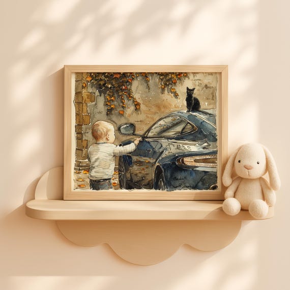 Baby Boy Tapping Car Window Watercolor Wall Art For Boys Room Toddler Curiosity Painting Nursery Print