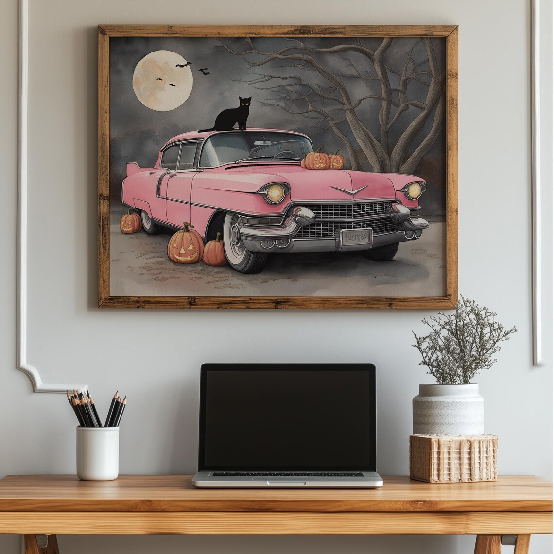 Pink Vintage Cadillac Halloween Black Cat Pumpkins Moon Art Poster