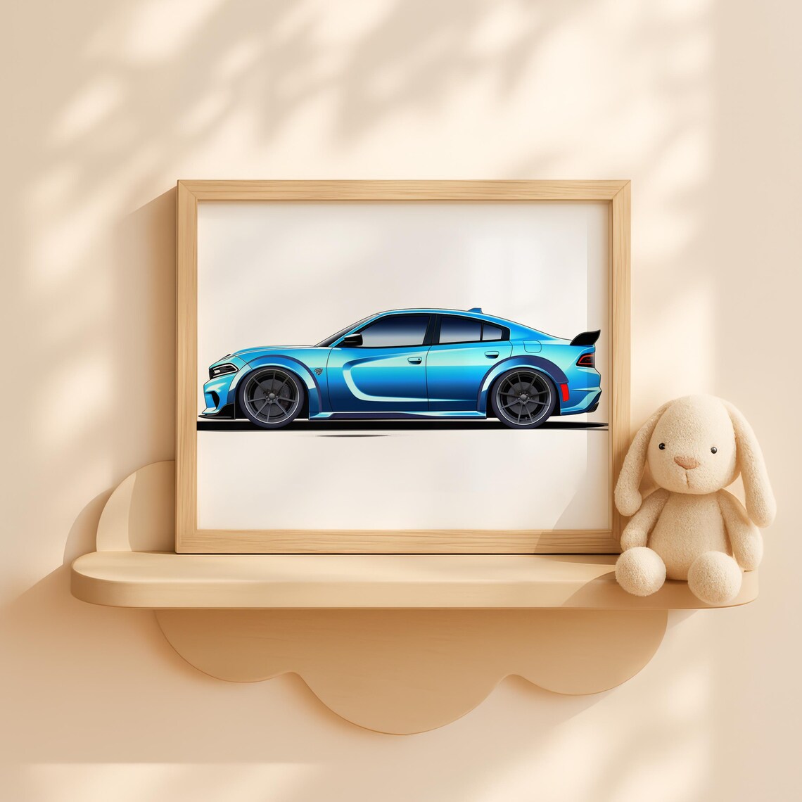 Blue Dodge Charger Muscle Car Side Profile Kids Room Art Poster