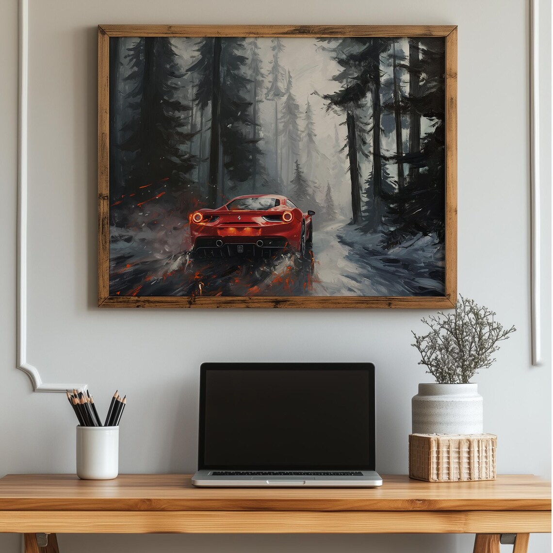 Red Sports Car Racing Through Misty Dark Forest Car Art Poster
