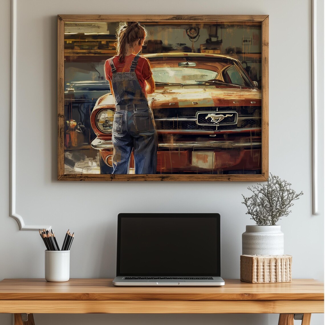 Ford Mustang Woman Mechanic Vintage Garage Painting Art Poster