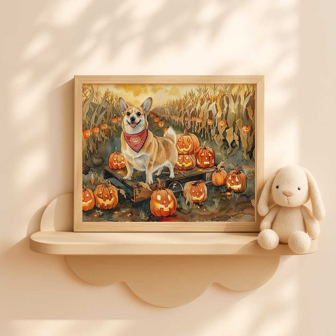 Halloween Corgi Pumpkin Patch Watercolor Cute Fall Dog Wall Art