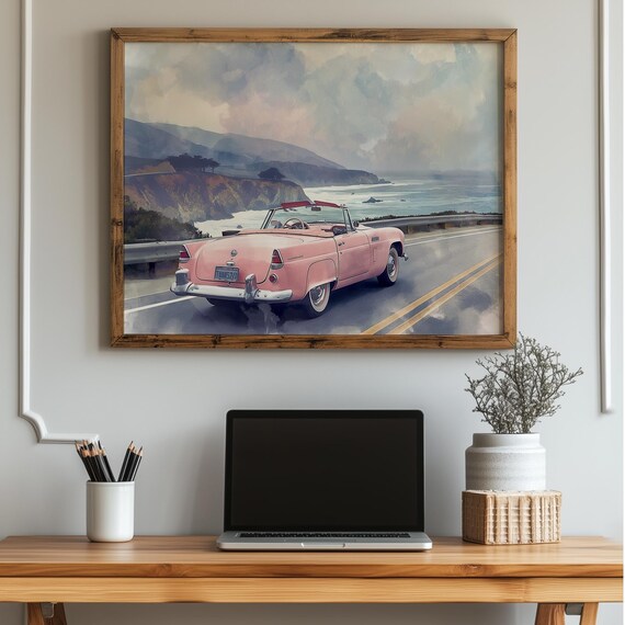 Pink Vintage Convertible Coastal Highway Drive Painting Poster