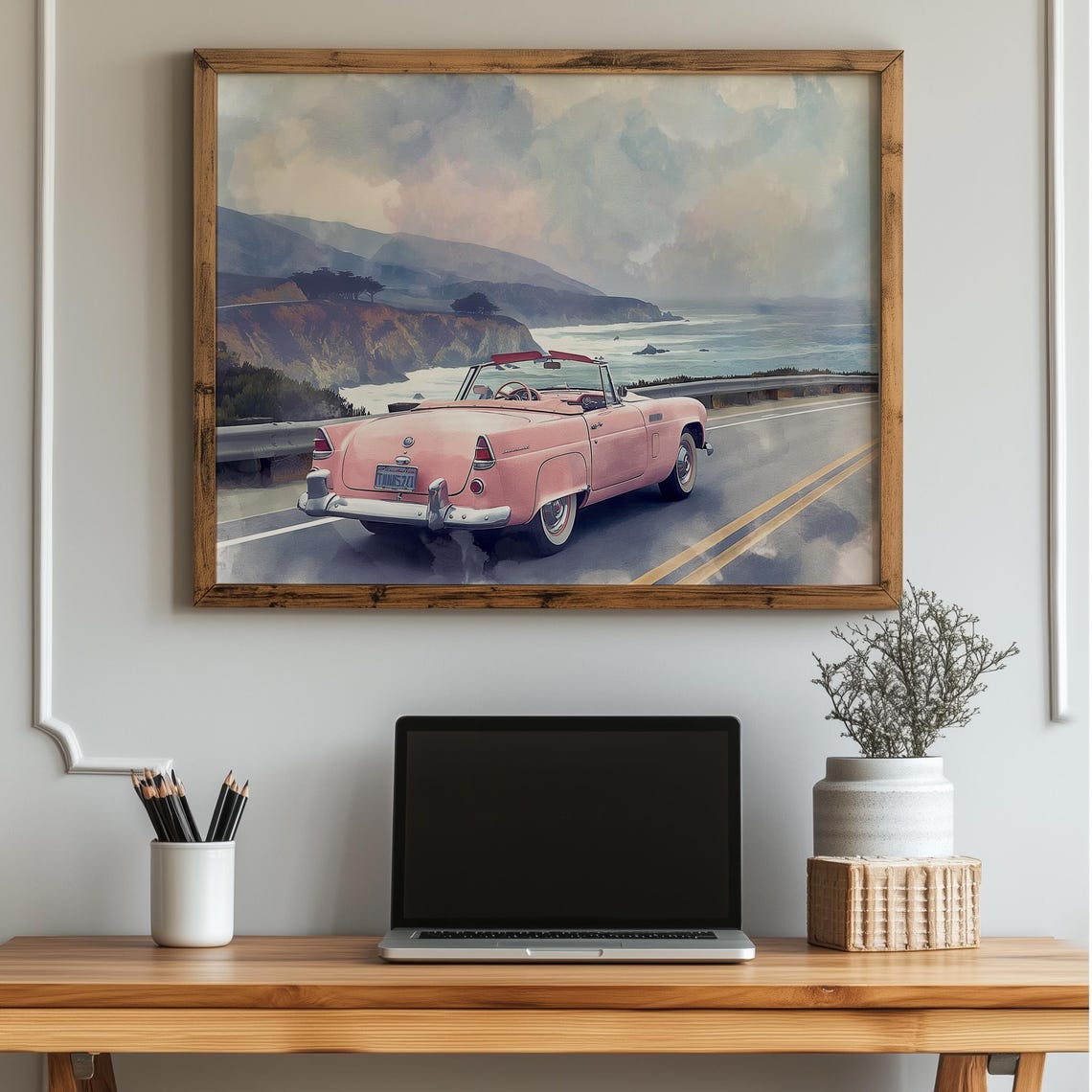 Pink Vintage Convertible Coastal Highway Drive Painting Poster