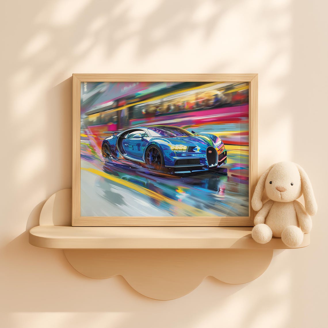 Bold Bugatti Chiron Blue Hypercar Neon Speed Painting Poster