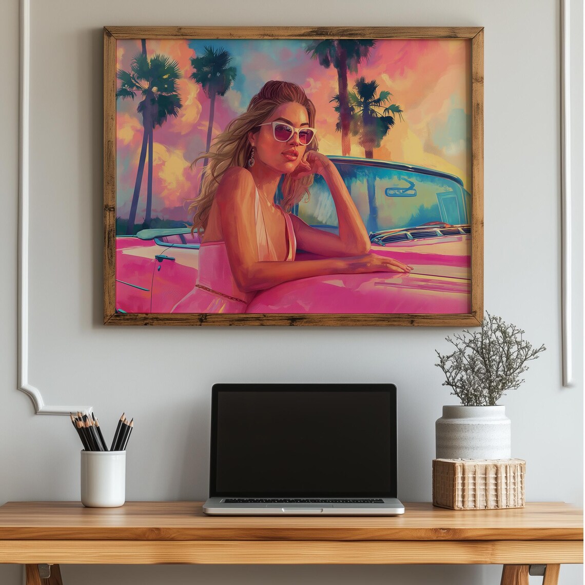 Stylish Woman Sunglasses Pink Convertible Palm Sunset Art Print