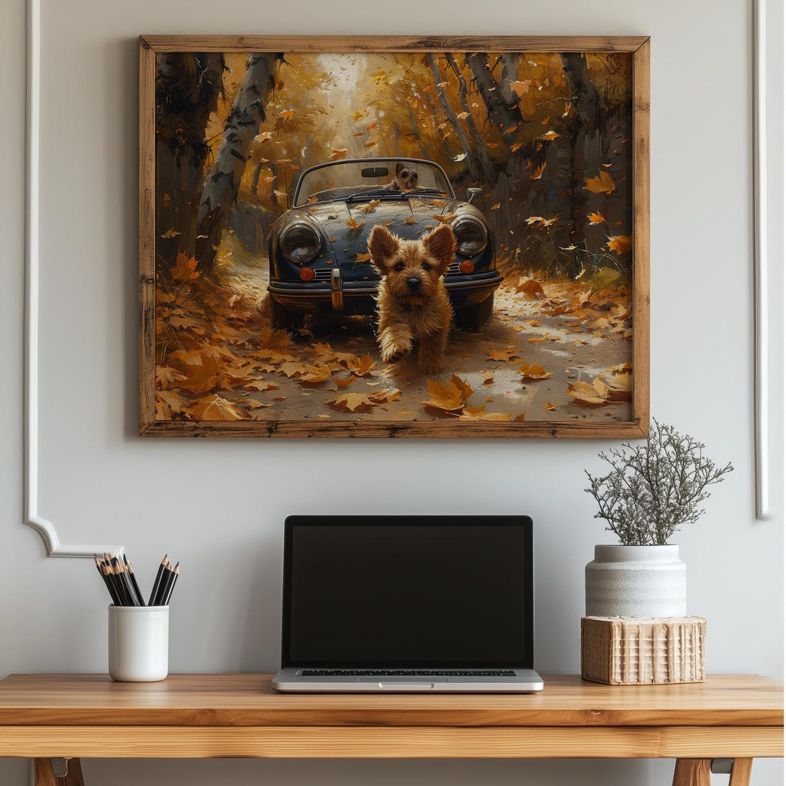 Yorkshire Terrier Puppy Autumn Forest Fall Classic Car Poster