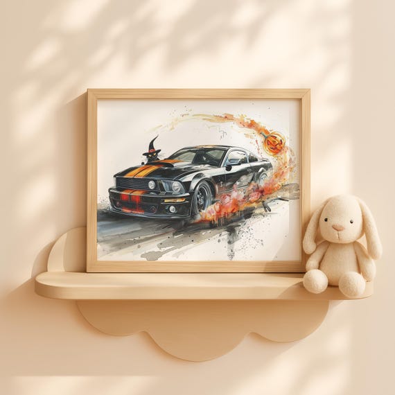 Halloween Racer Wall Art Spooky Pumpkin Flames Haunted Vintage Decor Fall Artwork
